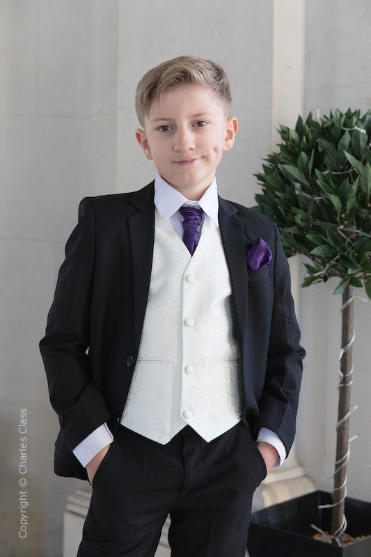 Boys Formal Suit with Patterned Waistcoat and Cravat Set - Antonio - Black - Lilac